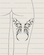Back of woman’s thigh showing digital cybersigilism wings tattoo design placement in gothic ornamental tribal linework. 