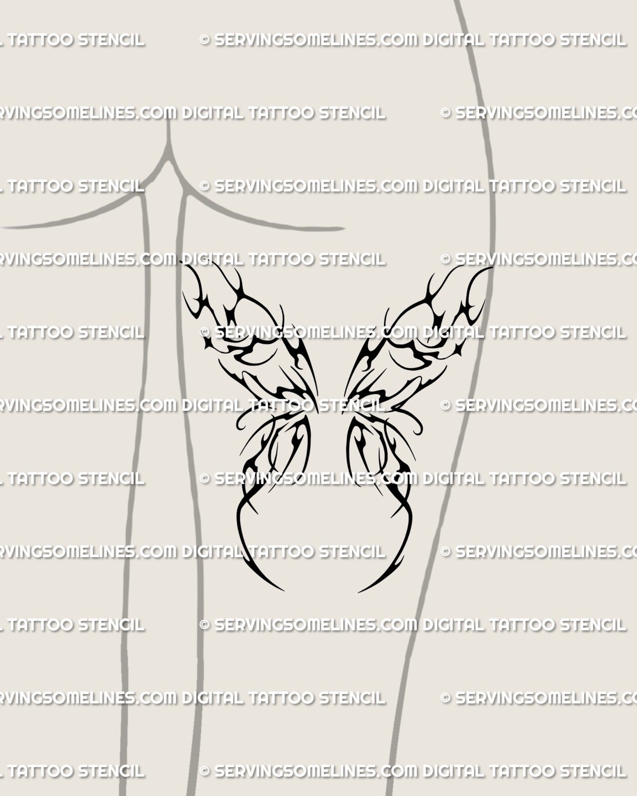 Back of woman’s thigh showing digital cybersigilism wings tattoo design placement in gothic ornamental tribal linework. 