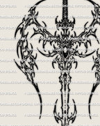 Cyber sigil winged sword stencil close detail, sharp blade and wing structure with clean printable tattoo files.
