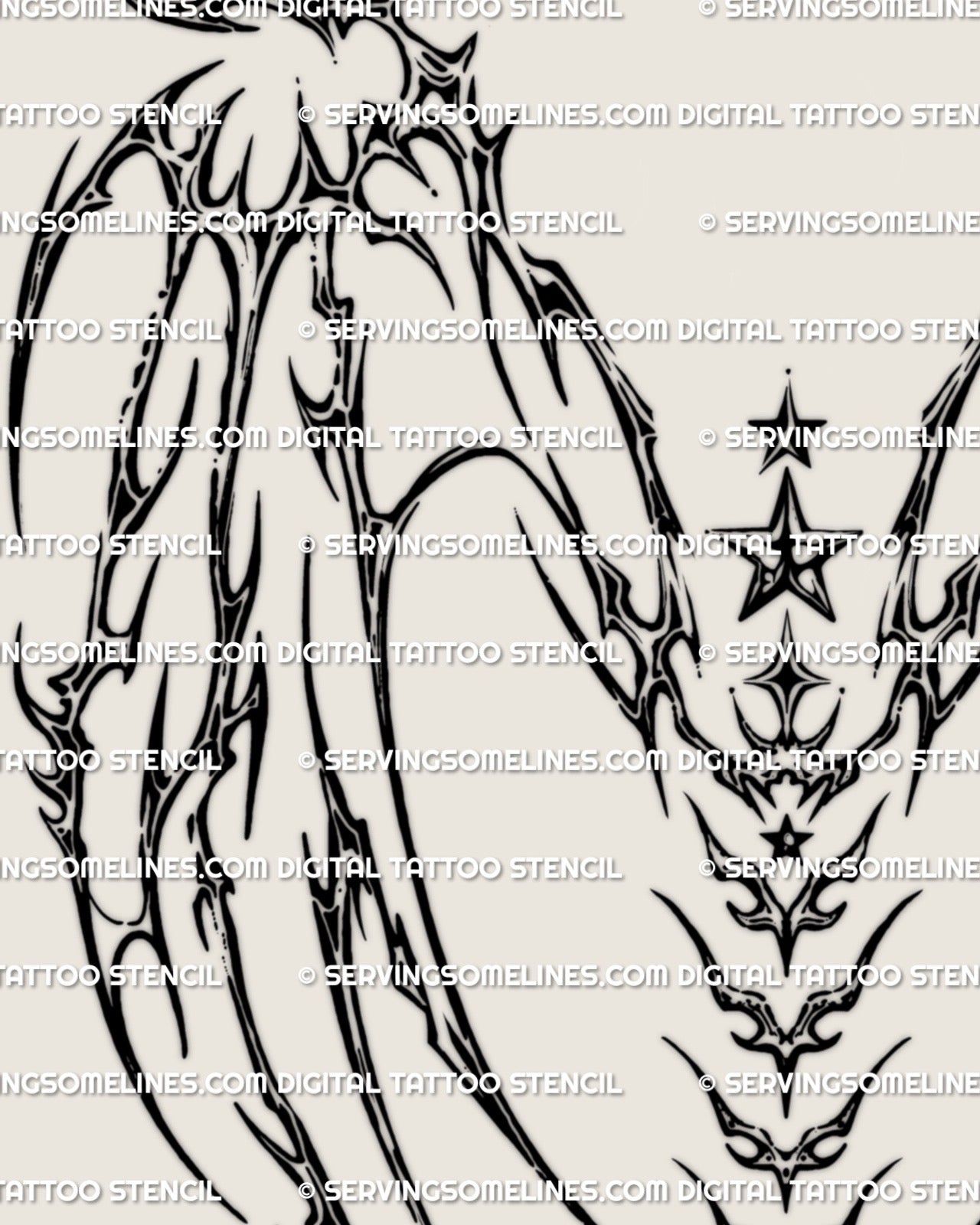 close up cyber sigil wings tattoo details, star and sigil spine chain, futuristic wing linework showing chrome like shading and sharp cyber structure