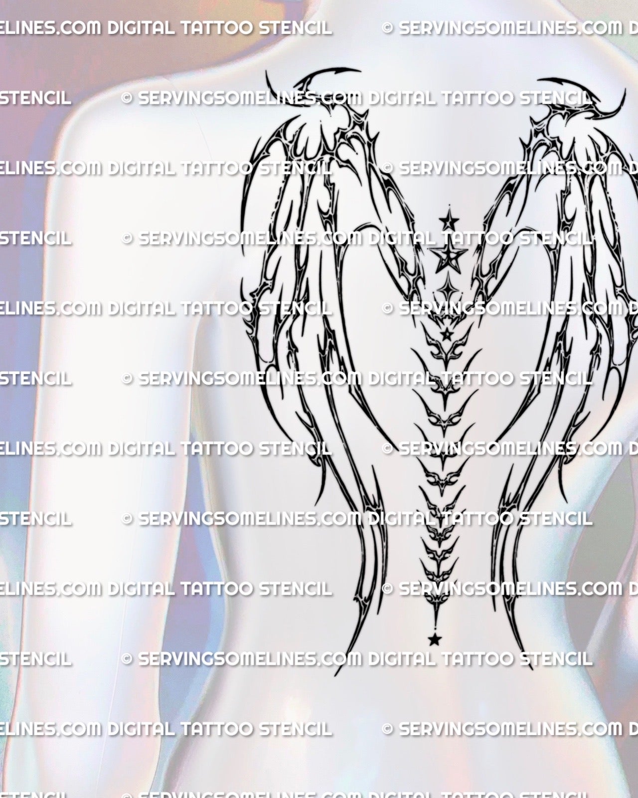 full back cyber sigil wings tattoo on model, star spine chain design, cybersigilism backpiece with sharp futuristic wings for men and women
