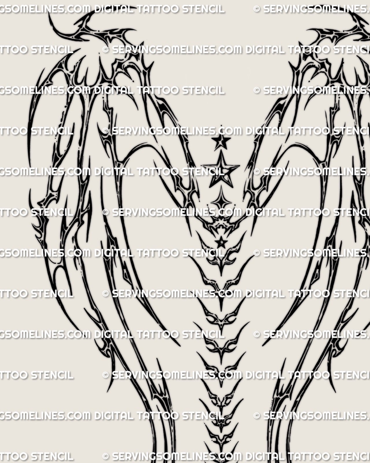 cyber sigil wings tattoo stencil with star and sigil spine chain, futuristic back tattoo design ready for stencil print in cybersigilism style
