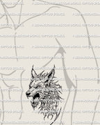Cyber sigil wolf design shown on mens side stomach preview, aggressive wolf head tattoo stencil prepared for printing.