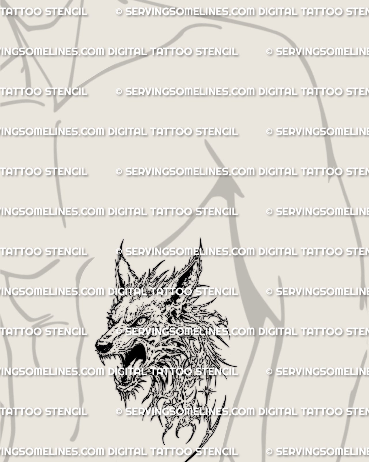 Cyber sigil wolf design shown on mens side stomach preview, aggressive wolf head tattoo stencil prepared for printing.