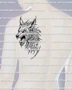 Cyber sigil wolf tattoo shown on mens shoulder placement example, sharp wolf head stencil ready for transfer.