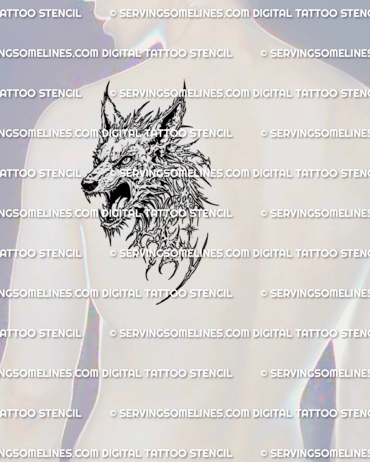 Cyber sigil wolf tattoo shown on mens shoulder placement example, sharp wolf head stencil ready for transfer.