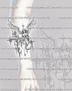 Cyber sigilism angel tattoo forearm mockup with a tall winged figure, folded hands, and clean black stencil lines for arm placement.