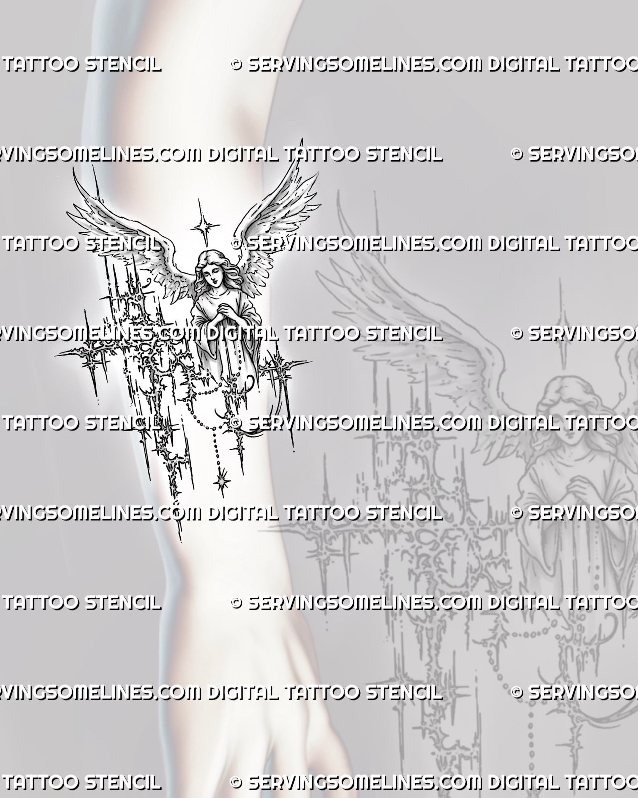 Cyber sigilism angel tattoo forearm mockup with a tall winged figure, folded hands, and clean black stencil lines for arm placement.