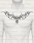 Digital cyber sigilism chest tattoo stencil shown on male chest, gothic neotribal chain and heart charm design in dark cybercore style. 