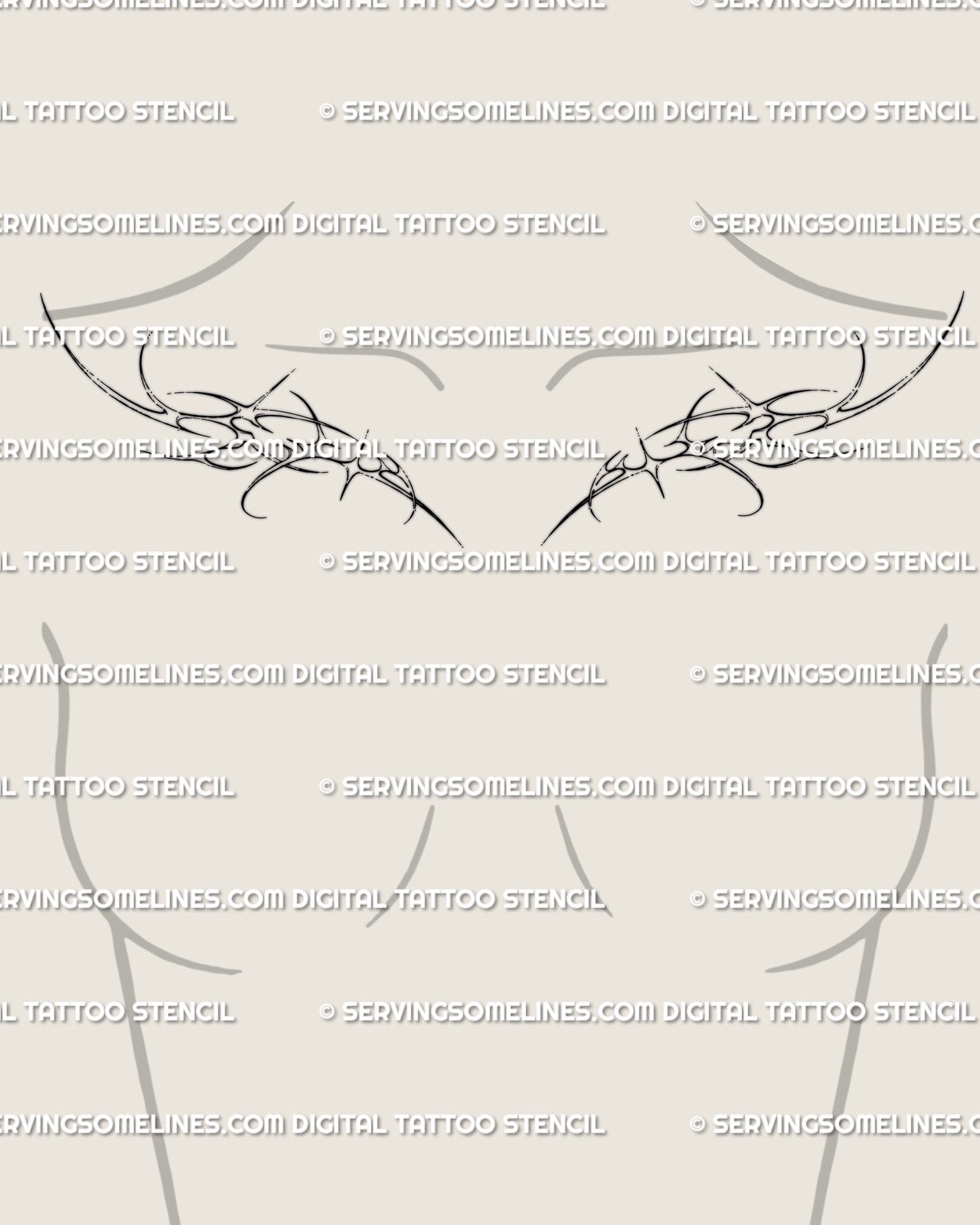 Feminine cyber sigilism collarbone tattoo design with smooth ornamental tribal linework displayed across both shoulders for women. 