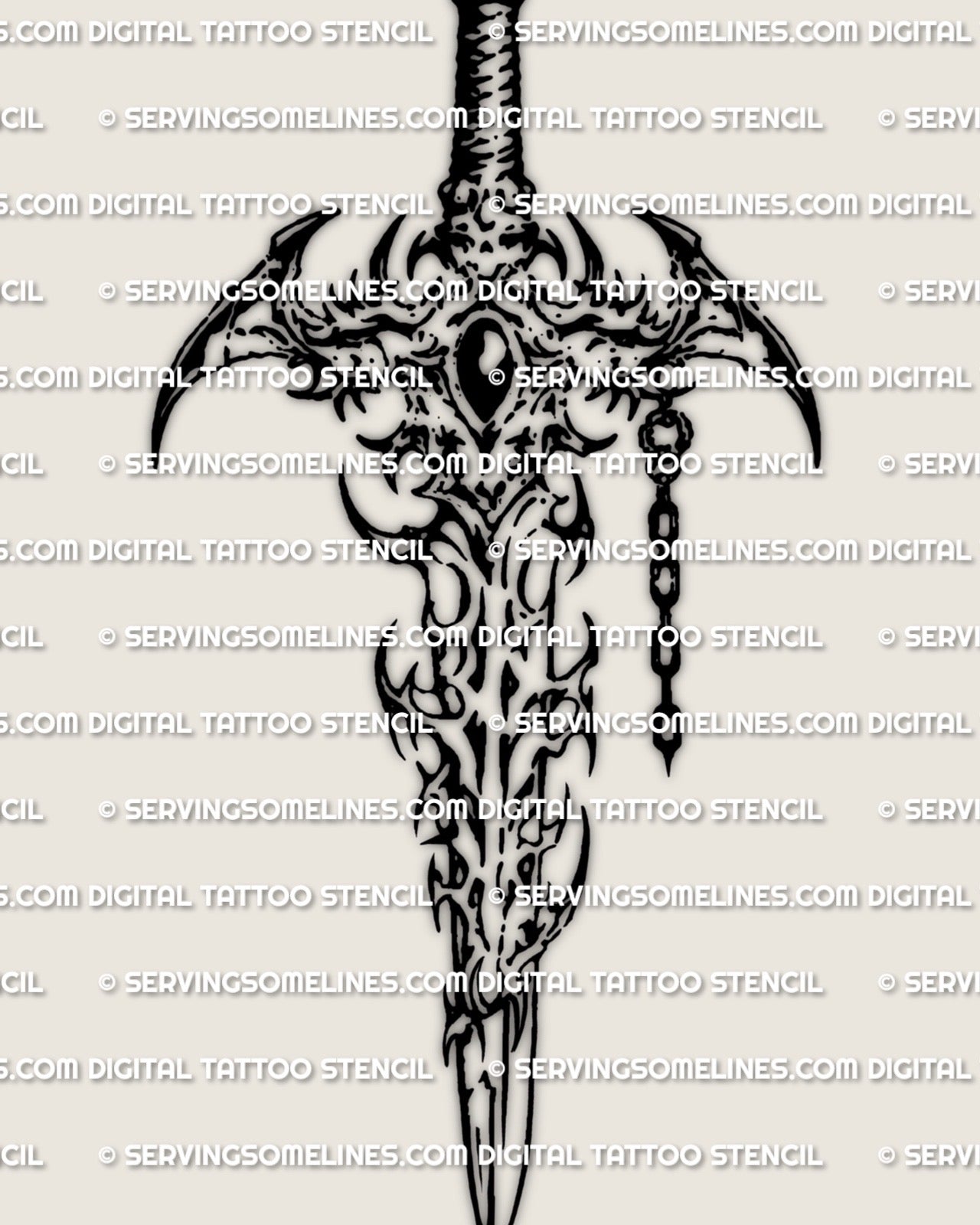Cyber sigilism dagger tattoo design preview, sharp dagger silhouette with sigil flow linework, digital stencil files