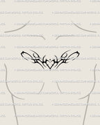 Cyber sigilism heart tattoo displayed on woman’s chest center, symmetrical neotribal design with elegant gothic flow.
