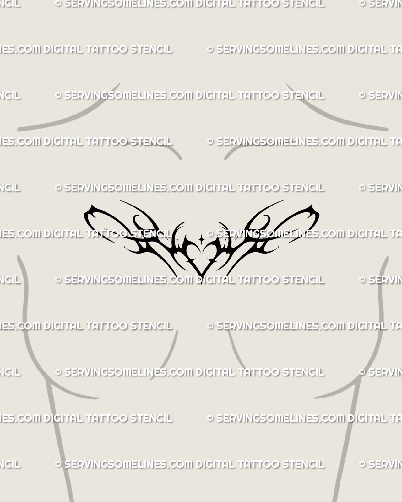 Cyber sigilism heart tattoo displayed on woman’s chest center, symmetrical neotribal design with elegant gothic flow.