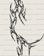 Hand-drawn cyber sigilism knee tattoo stencil close-up, showing dark neotribal spikes and clean lines in printable digital design. 