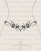 Lower back cyber sigilism tattoo stencil, neotribal heart sparkle design for women, futuristic barbed symmetry style. 