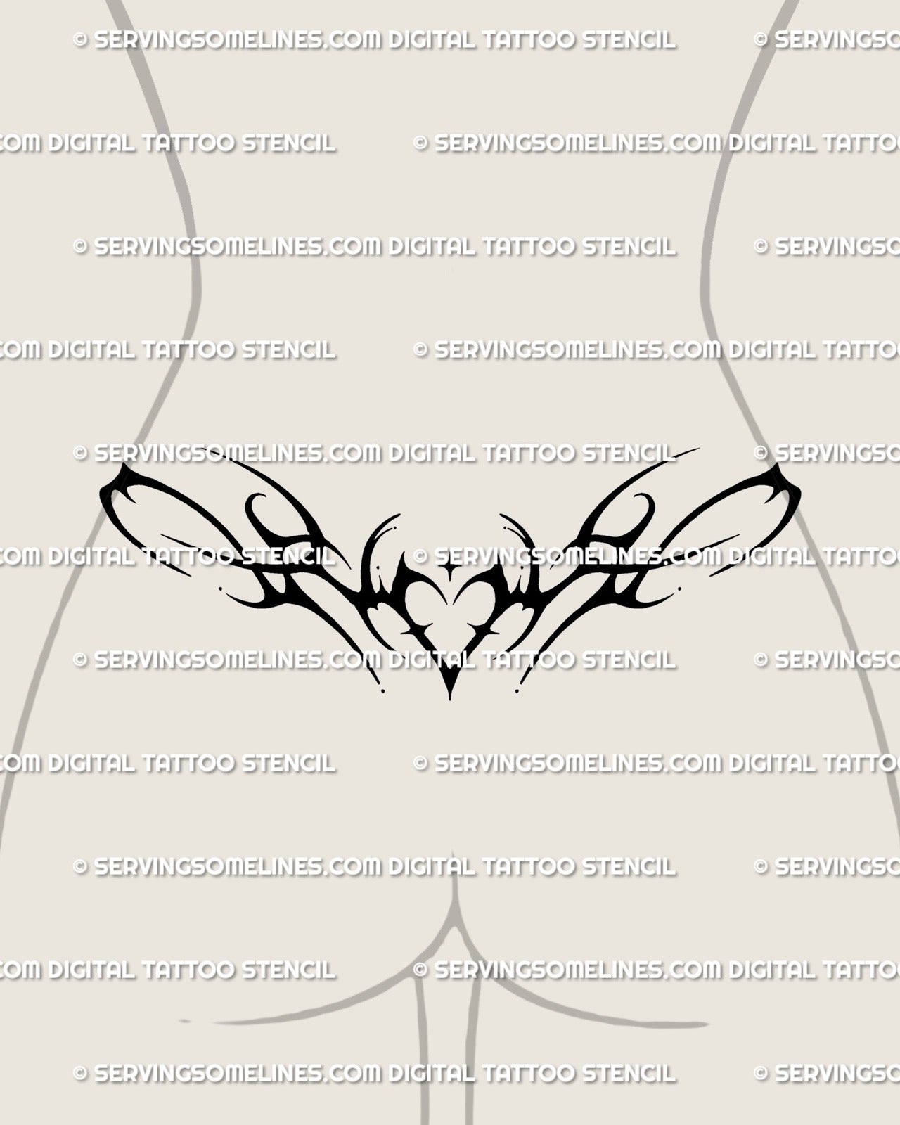 Lower back cyber sigilism tattoo stencil, neotribal heart sparkle design for women, futuristic barbed symmetry style. 