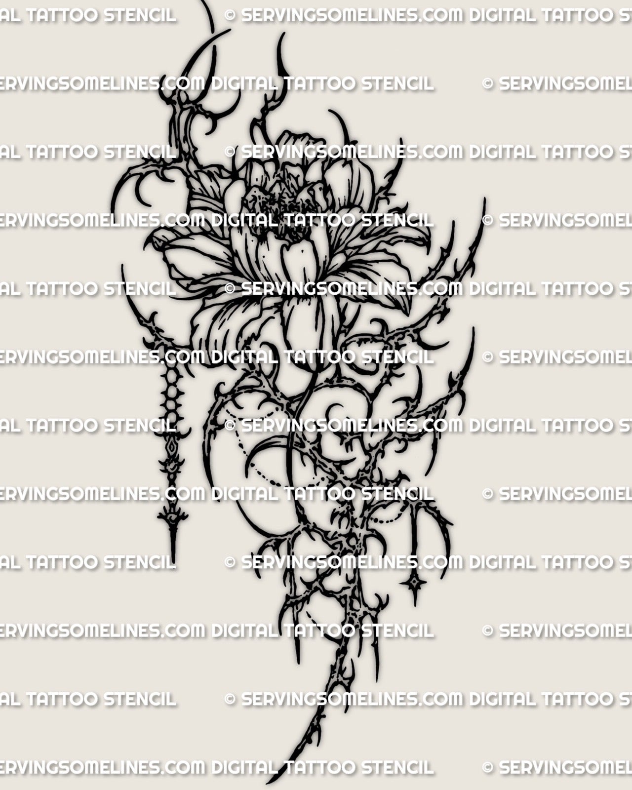 Cyber sigilism peony tattoo stencil printable design file, crisp linework floral tattoo stencil download