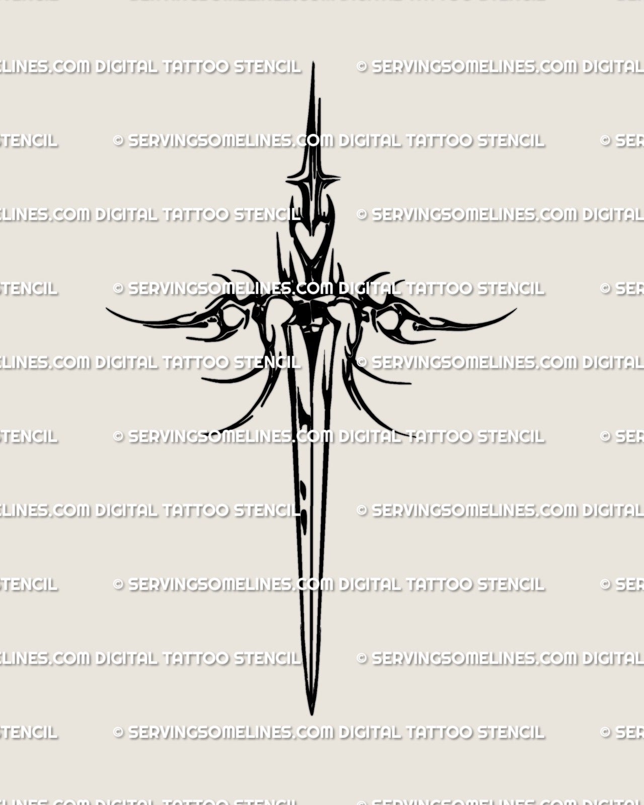 Cyber sigilism Scorpio sword tattoo flash in black linework, digital gothic dagger with symmetrical tribal wings and subtle heart detailing.