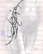 Sidebody cyber sigil tattoo from waist into hip, chrome styled abstract curves and spiky detailing designed for feminine rib and pelvic contouring
