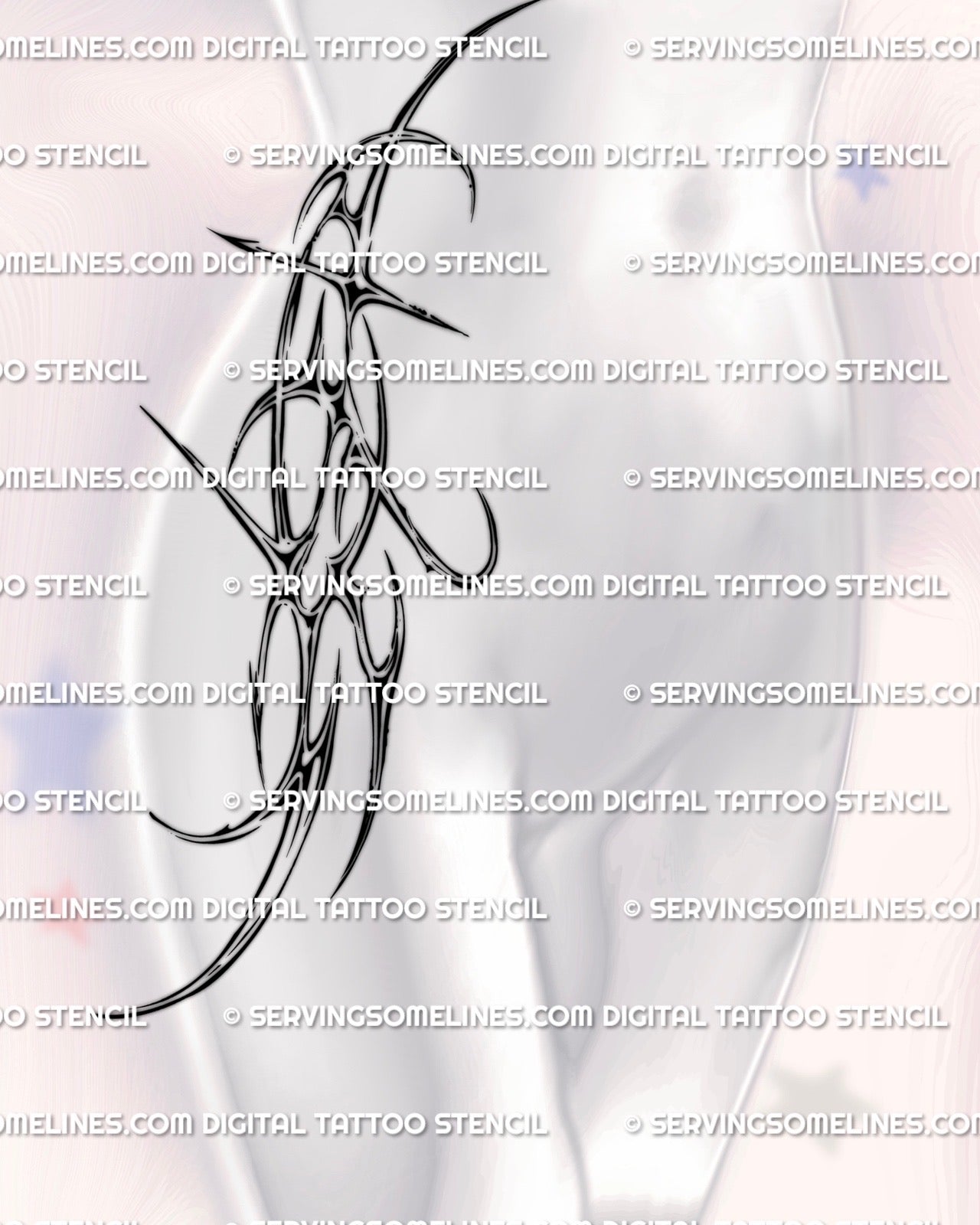 Sidebody cyber sigil tattoo from waist into hip, chrome styled abstract curves and spiky detailing designed for feminine rib and pelvic contouring