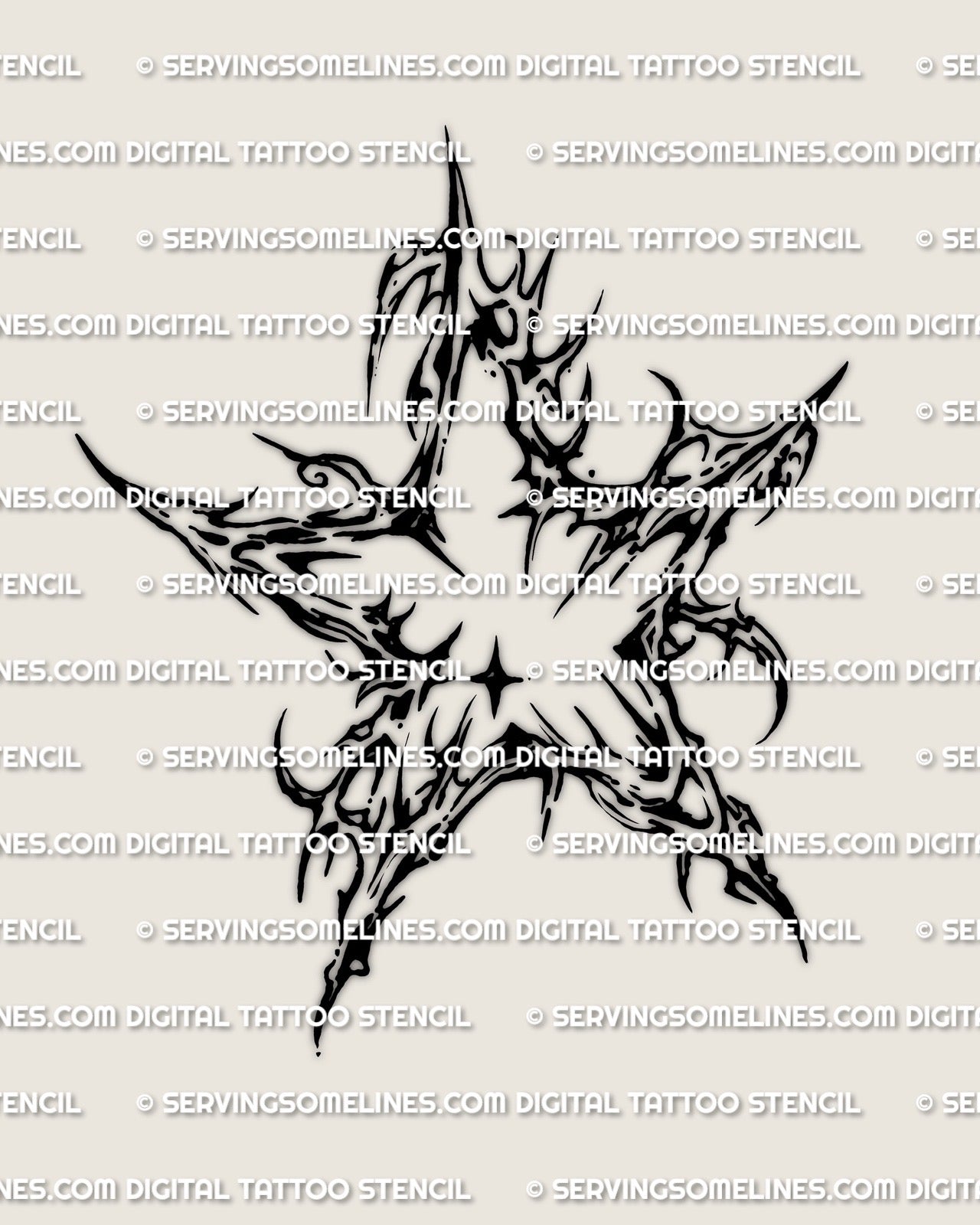 Cyber sigilism star tattoo, cybersigilism stencil design, single five point star with flowing interior cuts, crisp outline