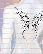 Cyber sigilism wings digital tattoo stencil displayed on female upper back, showing gothic tribal cyber tribal wing placement. 