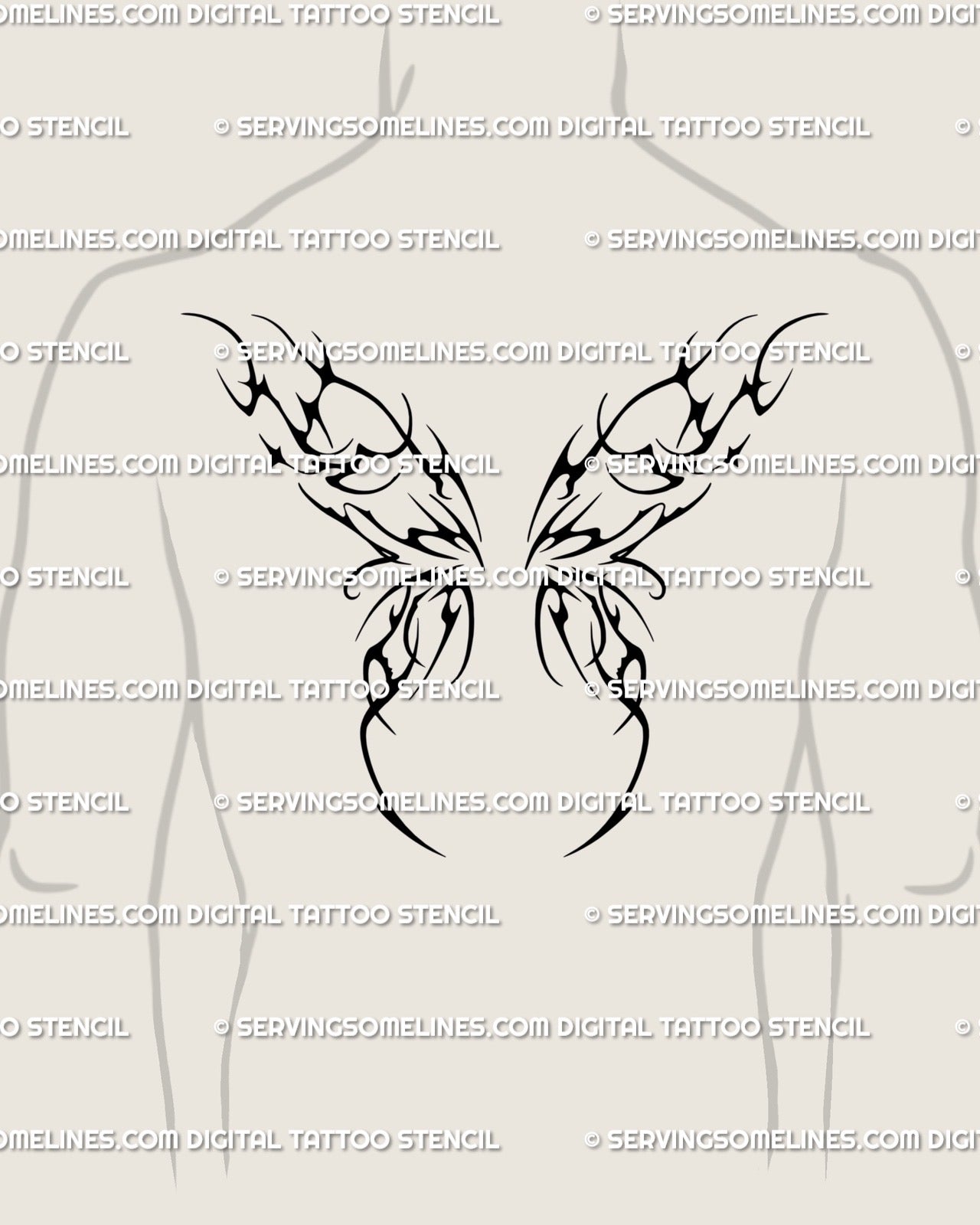Cyber sigilism wings tattoo stencil displayed on man’s upper back, showing dark tribal gothic wings digital tattoo layout. 