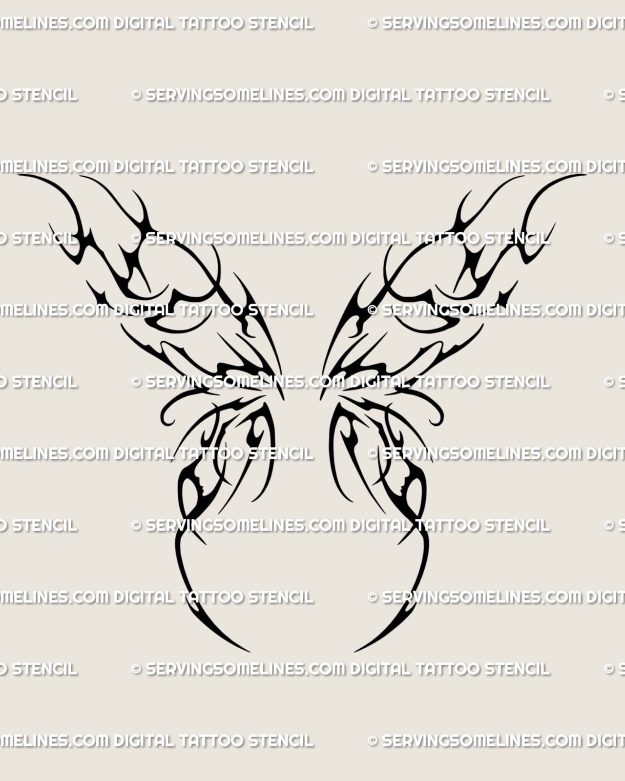 Digital cyber sigilism wings tattoo stencil design showing symmetrical gothic tribal wing linework in dark cybersigil style.
