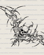 Cyber skull tattoo stencil design with spiked sigil extensions, skull focus, and lower back placement intent