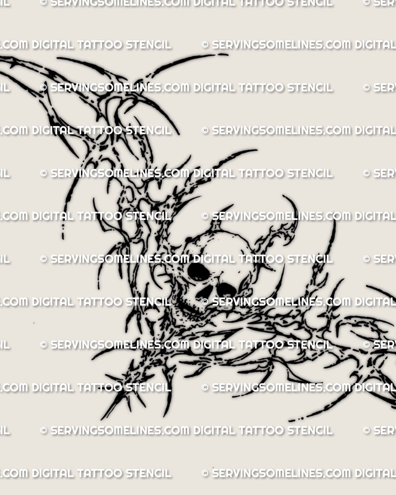 Cyber skull tattoo stencil design with spiked sigil extensions, skull focus, and lower back placement intent