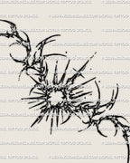 Main design view of a cyber sun lower back tattoo stencil, featuring a round solar center, elongated rays, and side hooks.