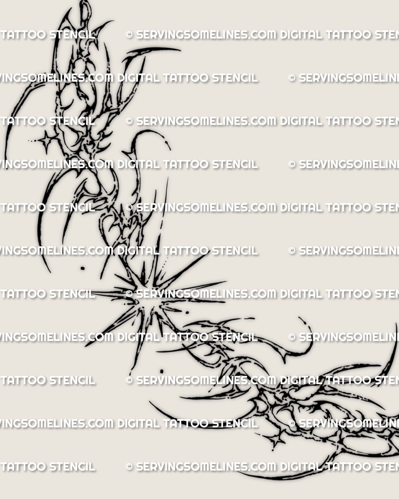 Cyber star chest tattoo stencil design with a sternum-centered starburst, pointed cyber framing, and chest-piece silhouette