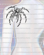 Cyber tarantula tattoo shown on back shoulder placement with a grounded spider silhouette and long curved legs