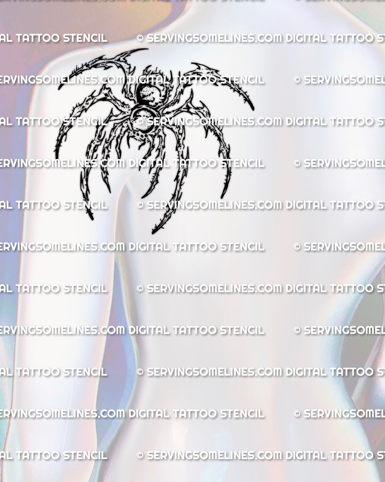 Cyber tarantula tattoo shown on back shoulder placement with a grounded spider silhouette and long curved legs