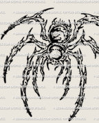 Close detail of cyber tarantula tattoo showing the rounded body mass, sharp leg structure, and dark stylized linework