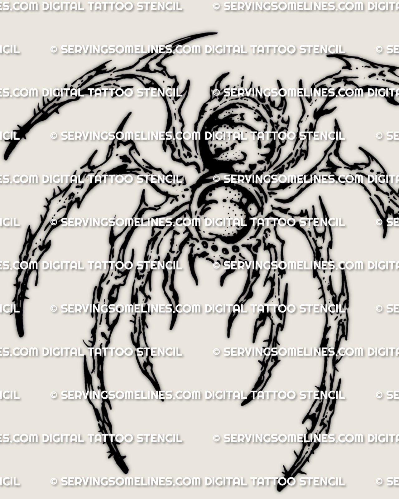 Close detail of cyber tarantula tattoo showing the rounded body mass, sharp leg structure, and dark stylized linework