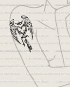 Angel wing heart key tattoo stencil displayed on feminine arm placement, cyber tribal blackwork key with crown spikes and star charm.