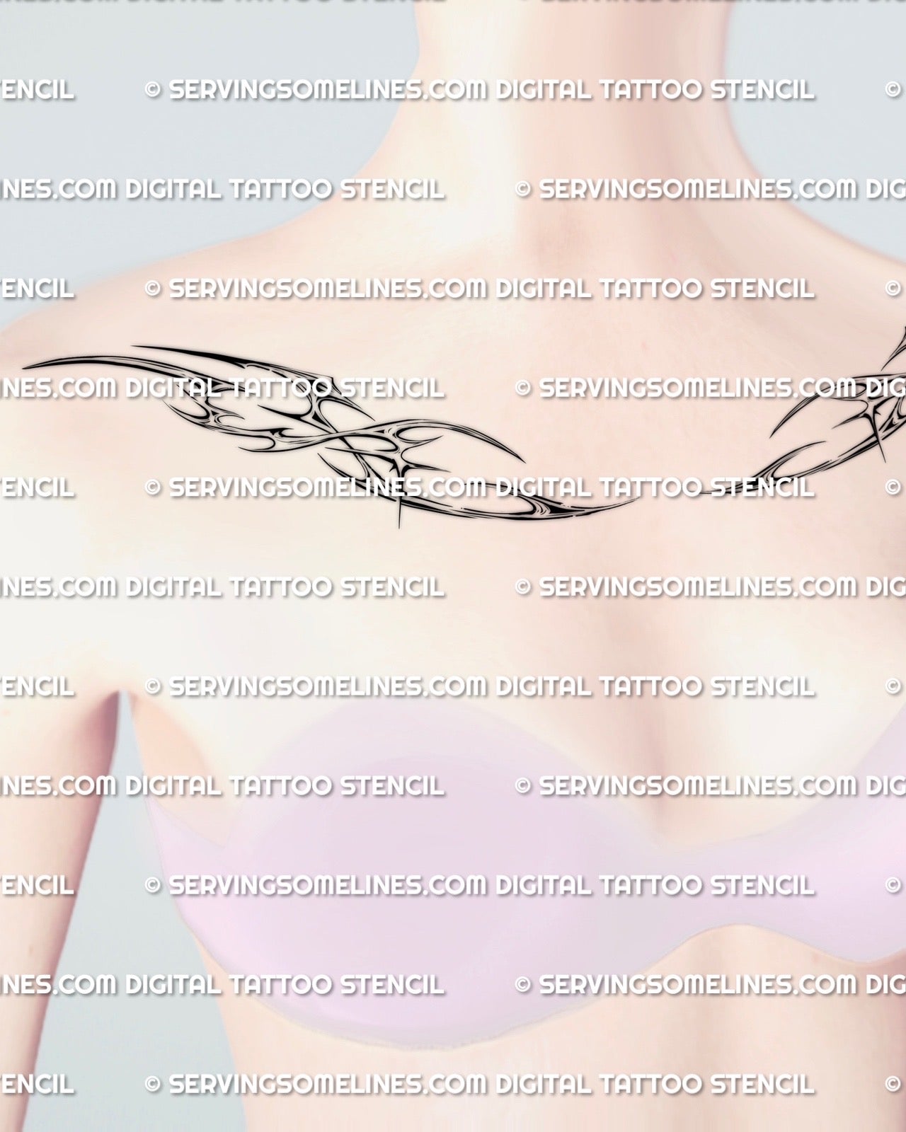 cyber tribal collarbone tattoo on woman shown across both sides, detailed cybersigil shapes and sharp ornamental edges