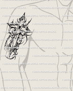 Cyber tribal spiderweb cross tattoo stencil on men arm placement, sharp black lines designed for guy tattoo stencils and professional transfer use.