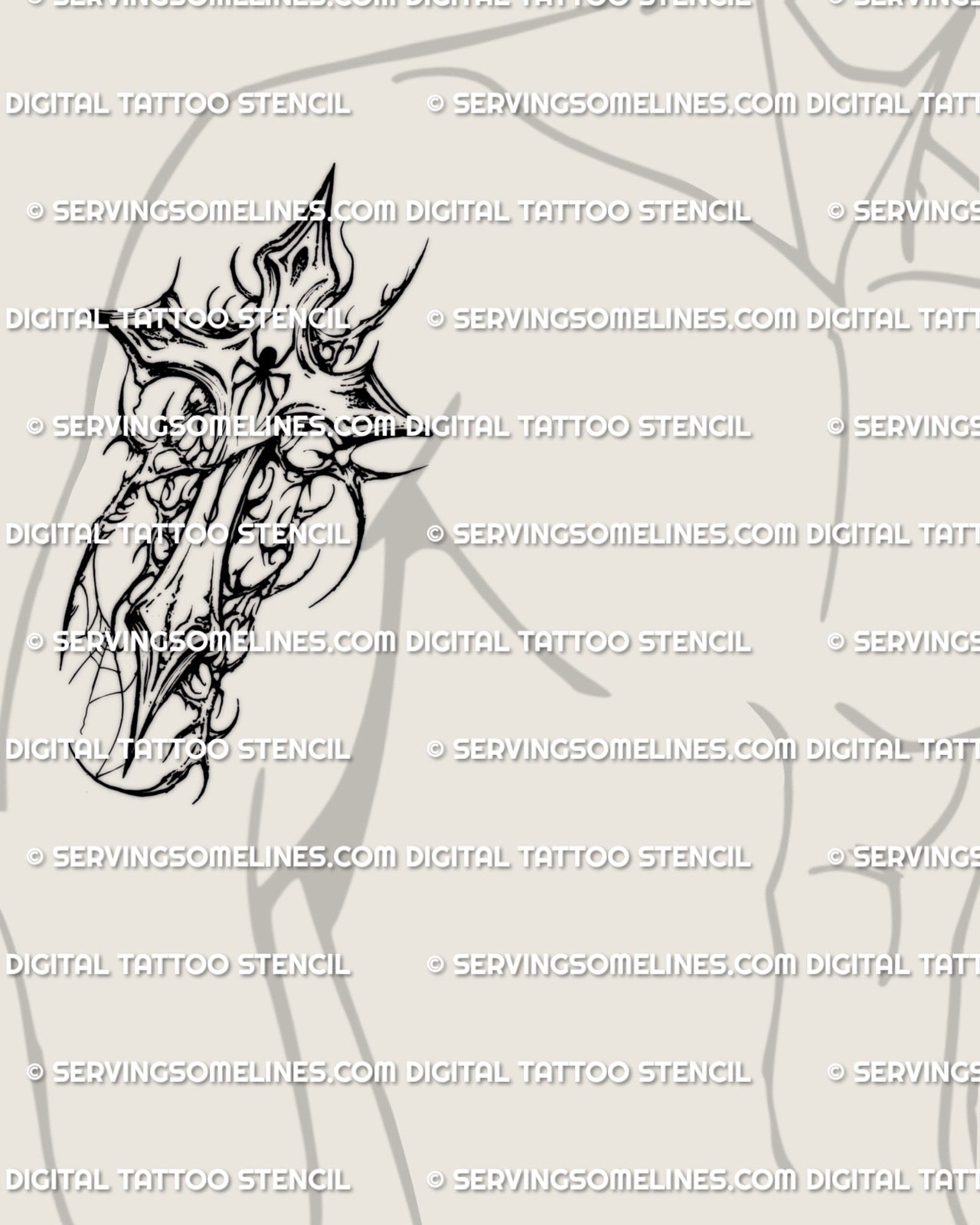 Cyber tribal spiderweb cross tattoo stencil on men arm placement, sharp black lines designed for guy tattoo stencils and professional transfer use.