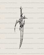 Cyber tribal dagger tattoo stencil in dark neotribal linework, black gothic knife outline with twin heart detail and spiky blade symmetry.