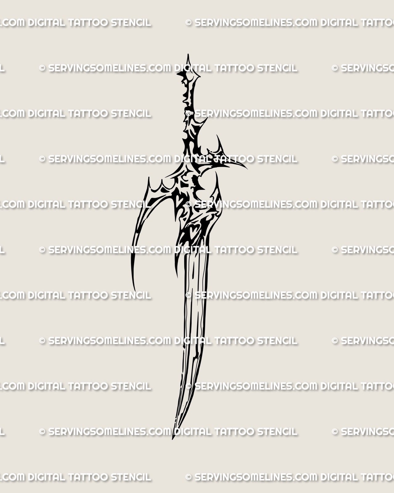 Cyber tribal dagger tattoo stencil in dark neotribal linework, black gothic knife outline with twin heart detail and spiky blade symmetry.