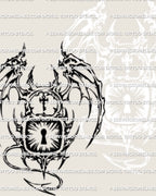Cyber tribal demon padlock tattoo stencil closeup, horned lock, bony wings, tail curl, bold keyhole centerpiece.