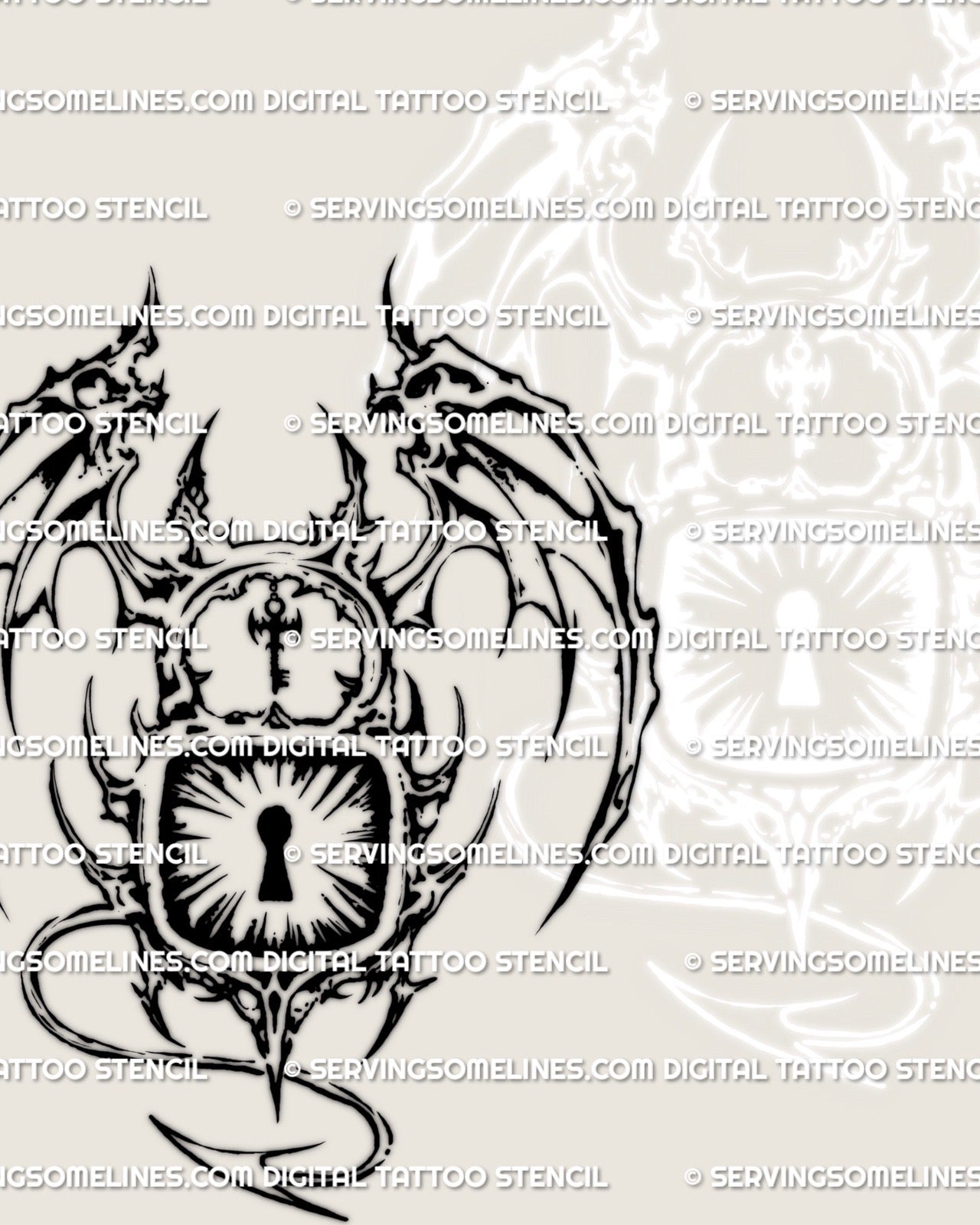 Cyber tribal demon padlock tattoo stencil closeup, horned lock, bony wings, tail curl, bold keyhole centerpiece.