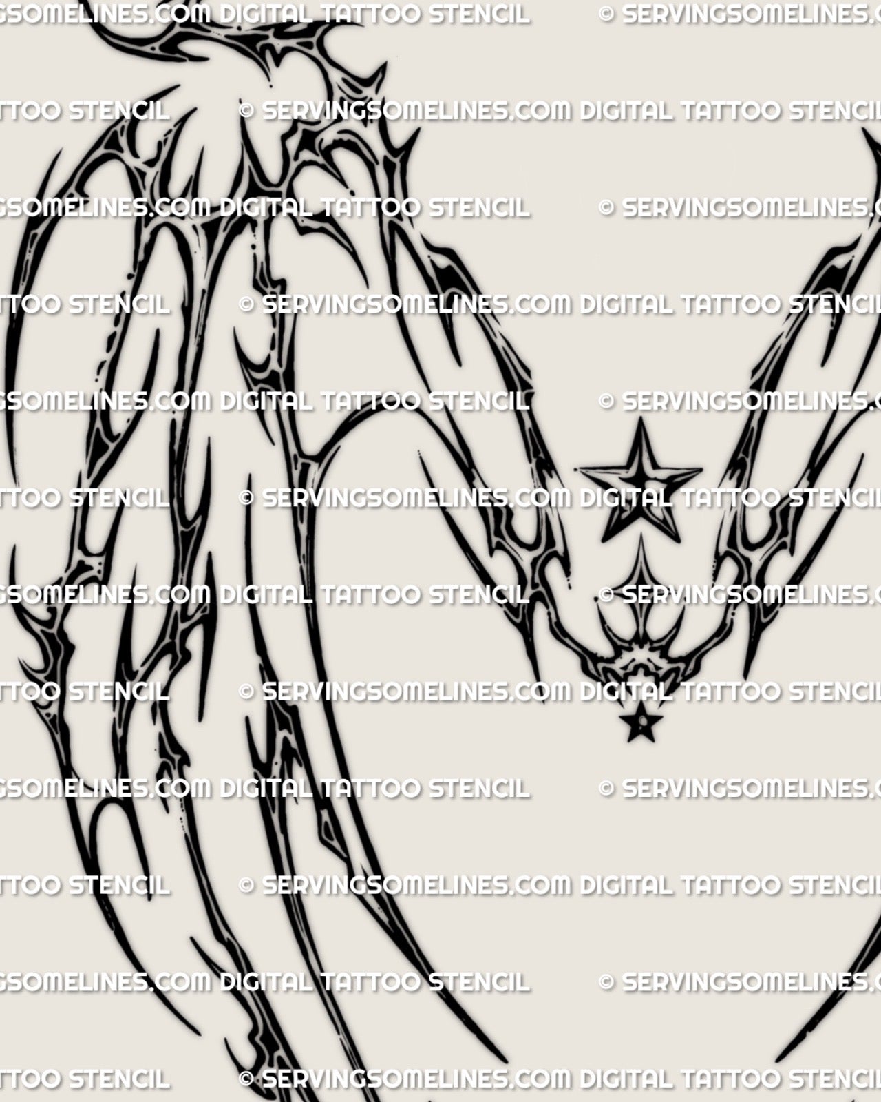 Close detail of a cyber tribal demon wings tattoo stencil with pointed gothic wings and center star accent
