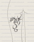 Cyber tribal dragon tattoo on woman’s back thigh, bold digital stencil with winged lines and curved ornamental body for modern minimal style.