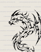 Cyber sigilism dragon tattoo stencil preview, sharp neotribal blackwork lines forming fantasy flame-style body and coiled motion.