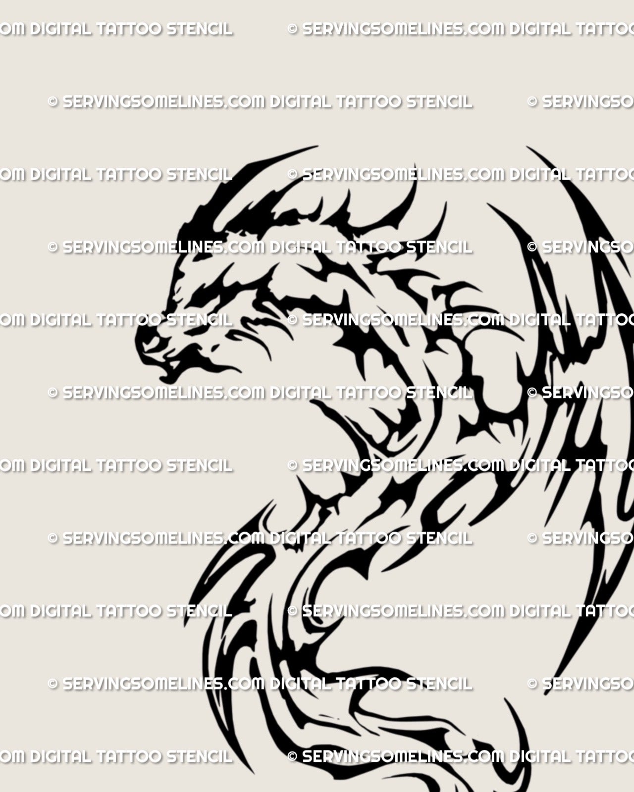 Cyber sigilism dragon tattoo stencil preview, sharp neotribal blackwork lines forming fantasy flame-style body and coiled motion.