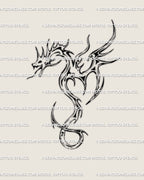 Minimal cyber tribal dragon tattoo stencil in black line art, shown as digital design preview with ornamental wings and clean modern flow.