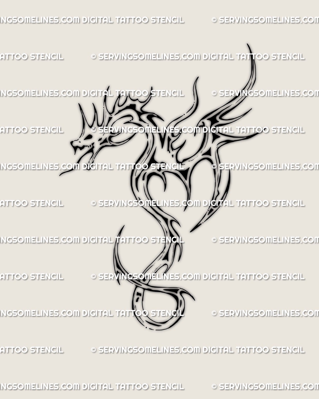 Minimal cyber tribal dragon tattoo stencil in black line art, shown as digital design preview with ornamental wings and clean modern flow.